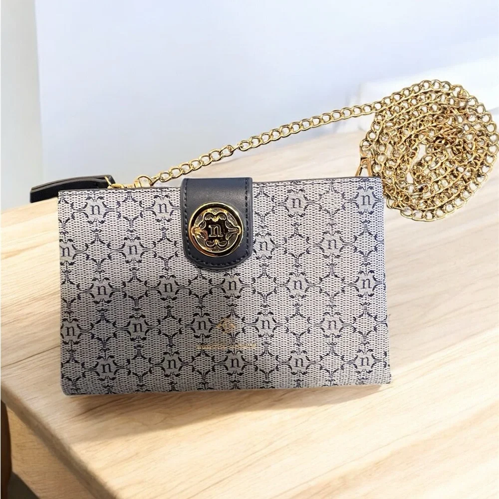 Nanette Lepore Navy Patterned Crossbody Bag with Gold Chain - Picture 4 of 8